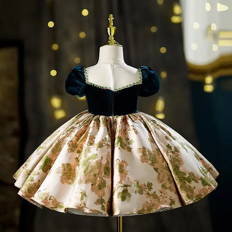 Eid Kids Luxury Party Green Gold Dresses for Girls Birthday Photo Shoot Gown Evening Formal Lace Dress Prom Frock