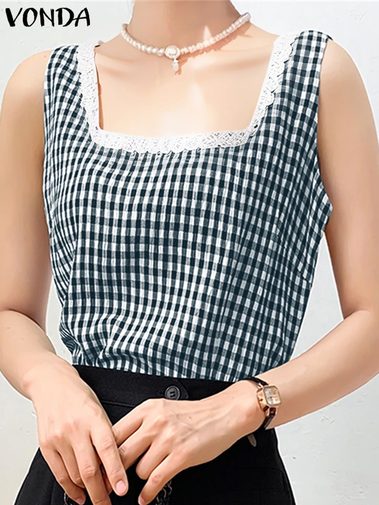 

VONDA Vintage Plaid Tank Tops Women Lace Patchwork Blouse 2025 Sleeveless Square Collar Summer Tees Casual Elegant Lady Shirts