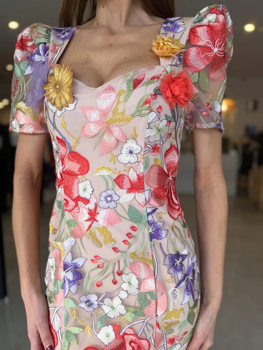 VGH Elegante Gespleißt Sheer Mesh Kleid für Frauen Quadrat Kragen Kurzarm Hohe Taille Druck EINE Linie Abendessen Kleider Weibliche Neue