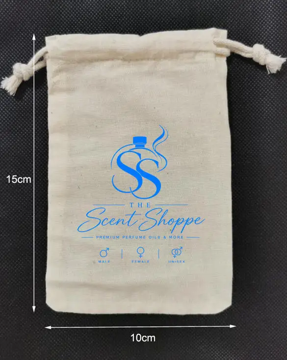 100 Pieces 10x15cm Cotton Bags Drawstring Gift Pouches Screen Printed With Light Blue Color Logo Custom Logo