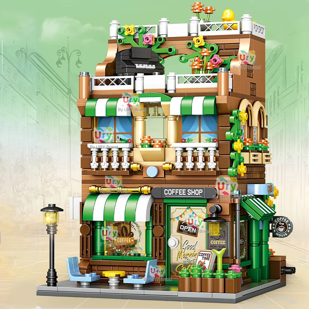 

City Series Street View Modular Corner Coffee Shop Beverage Store Retro Flower House MOC Architecture Building Blocks for Kids