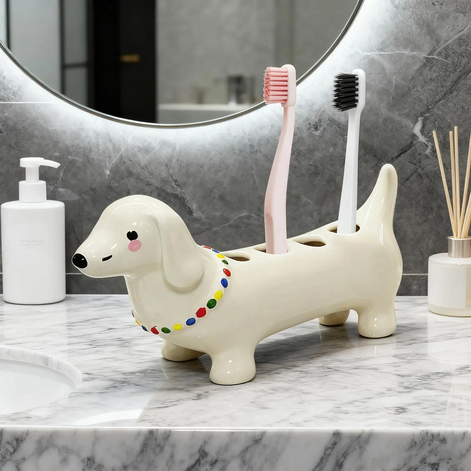 

Держатель для зубных щеток с мультяшными животными, органайзер для кистей для макияжа с 4 отверстиями, такса, стеллаж для хранения зубных щеток, органайзер для ванной комнаты, столешница
