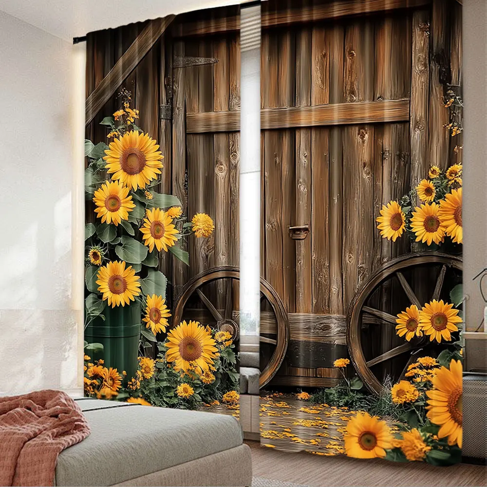 2Pcs Vintage Sunflower Pattern Curtains Wooden House Wooden Wheel Pattern Curtains Suitable For Living Room Bedroom Farm