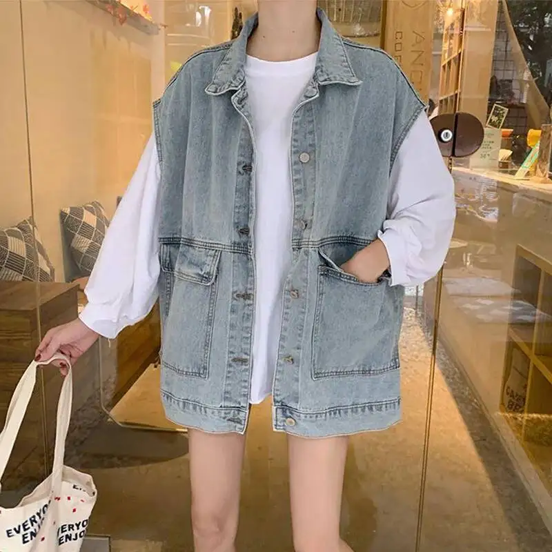 

Корейский универсальный жилет для женщин, осенний винтажный жилет без рукавов с лацканами, новая модная модная однобортная джинсовая куртка