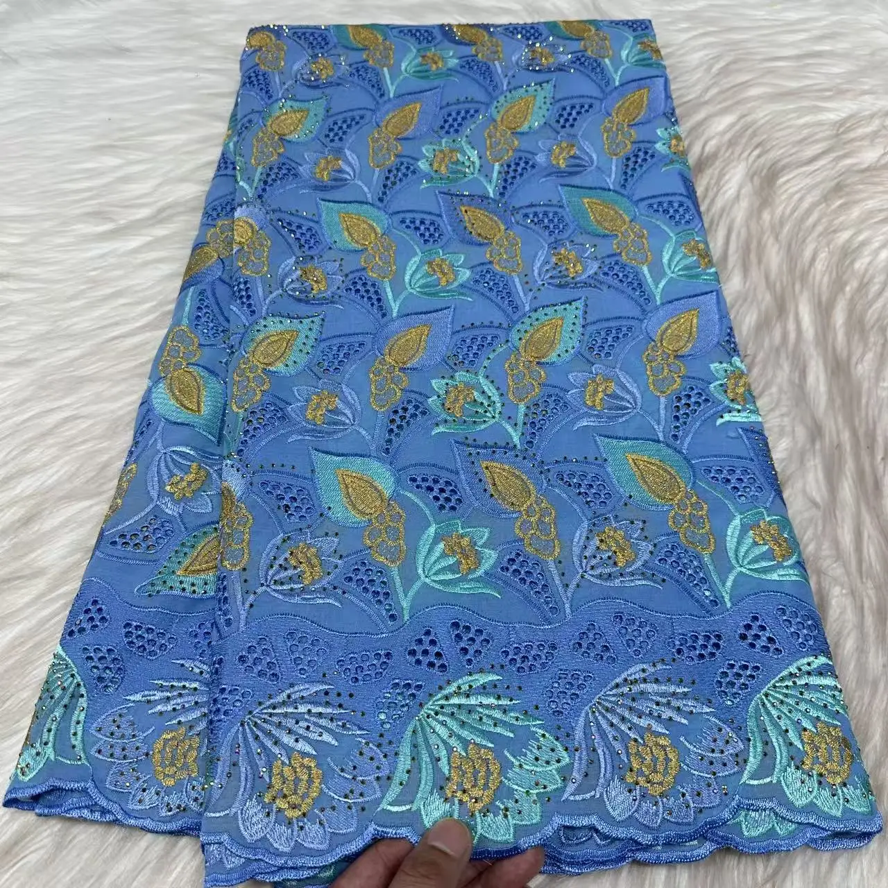 

New Design Sky Blue Hole African Lace Fabric 2026 High Quality Stones Nigerian Swiss Voile Lace Fabric For Party Dress PYC2631