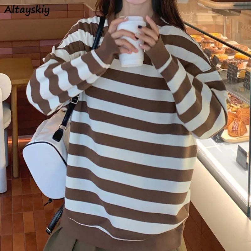 Striped Hoodies Women Korean Fashion Panelled O-neck Long Sleeve Baggy Cozy Streetwear College Casual Chic All-match Attractive