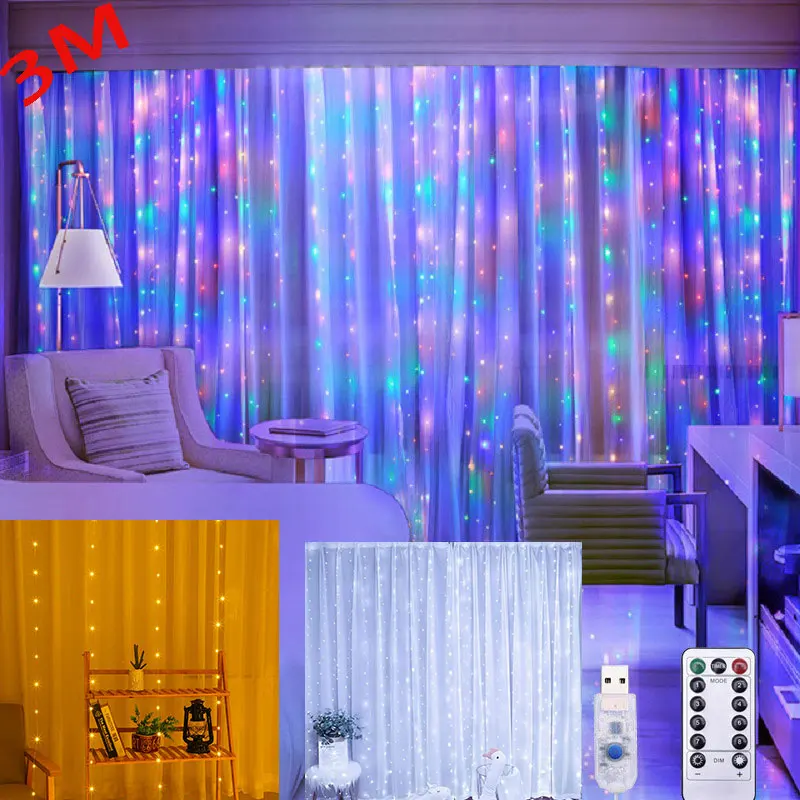 Curtain Garland 3M LED Lights String Fairy Decoration USB Holiday Lamp 8 Mode For Home Garden Christmas Party New Year Wedding