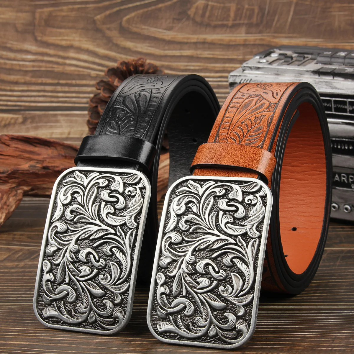 

Western denim belt with Tang grass pattern large buckle, retro youth belt, men's ethnic style belt