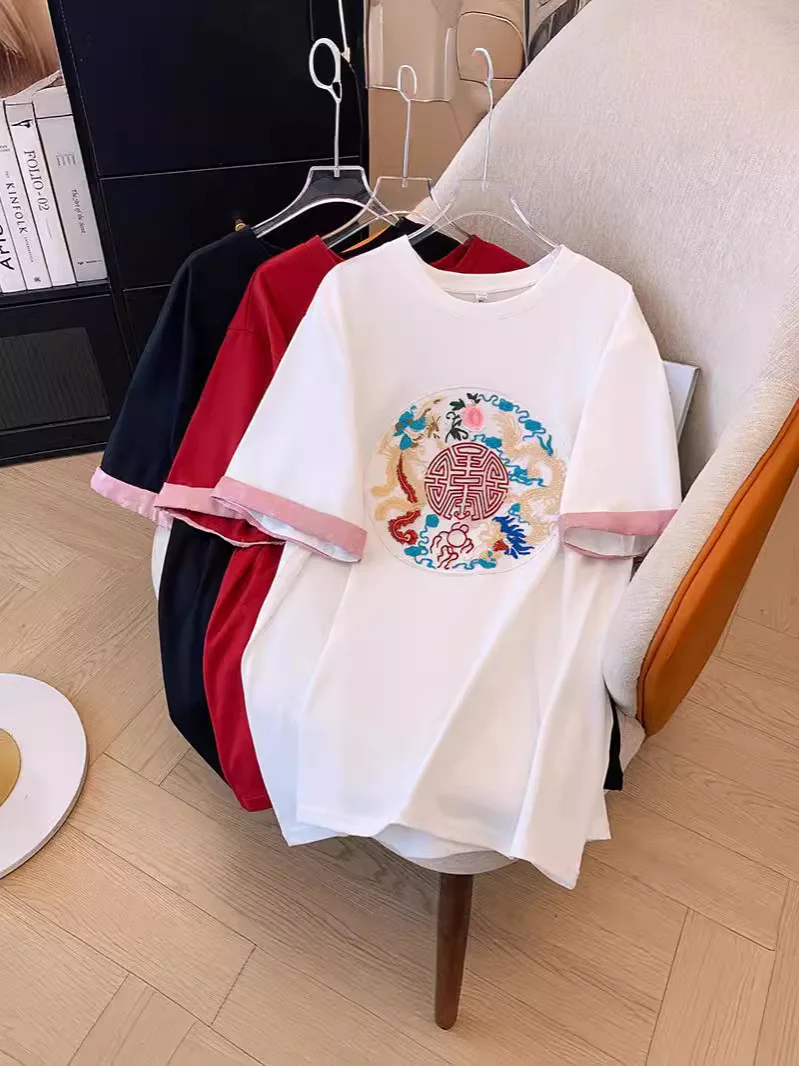 150Kg Plus Size Women's Bust 160 Summer Loose New Chinese Style Dragon And Phoenix Embroidered Round Neck Short Sleeved T-Shirt