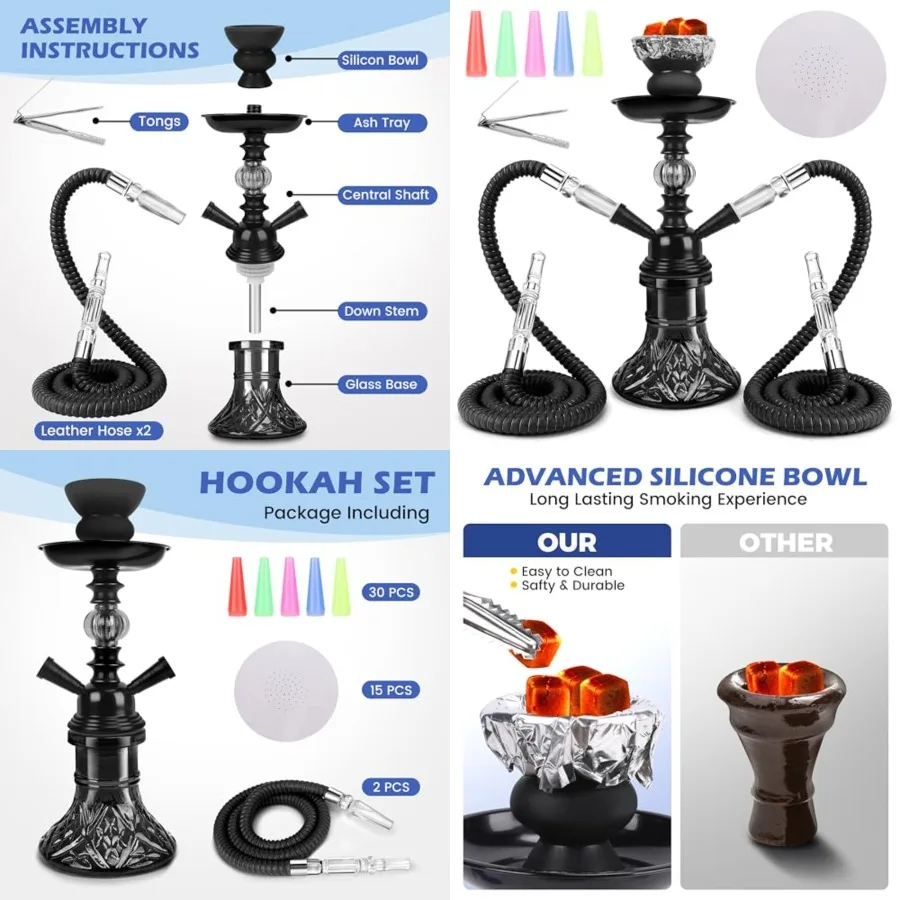

2-Hose 11 Hookah Shisha Premium Glass Base + Heat-Resistant Silicone Bowl for Smooth, Cool, Flavorful Sessions