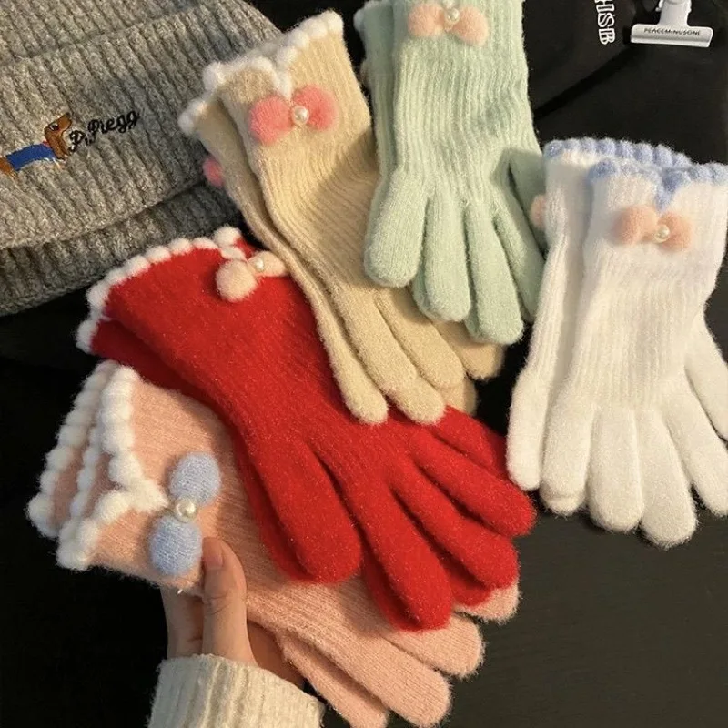 Niedliche Schleifenhandschuhe, Damen-Touchscreen-Strickhandschuhe für Herbst und Winter, warme Fünf-Finger-Handschuhe für Studenten