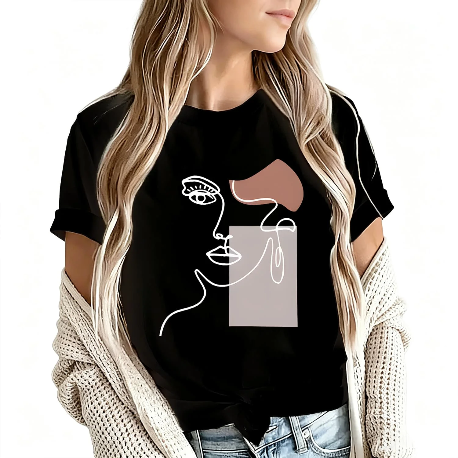 Circle Face Line with Color Block Women's T-Shirt 100% Cotton Funny Graphic Short Sleeve Tee Novelty Shirt Casual Crew Neck Top S-5Xl
