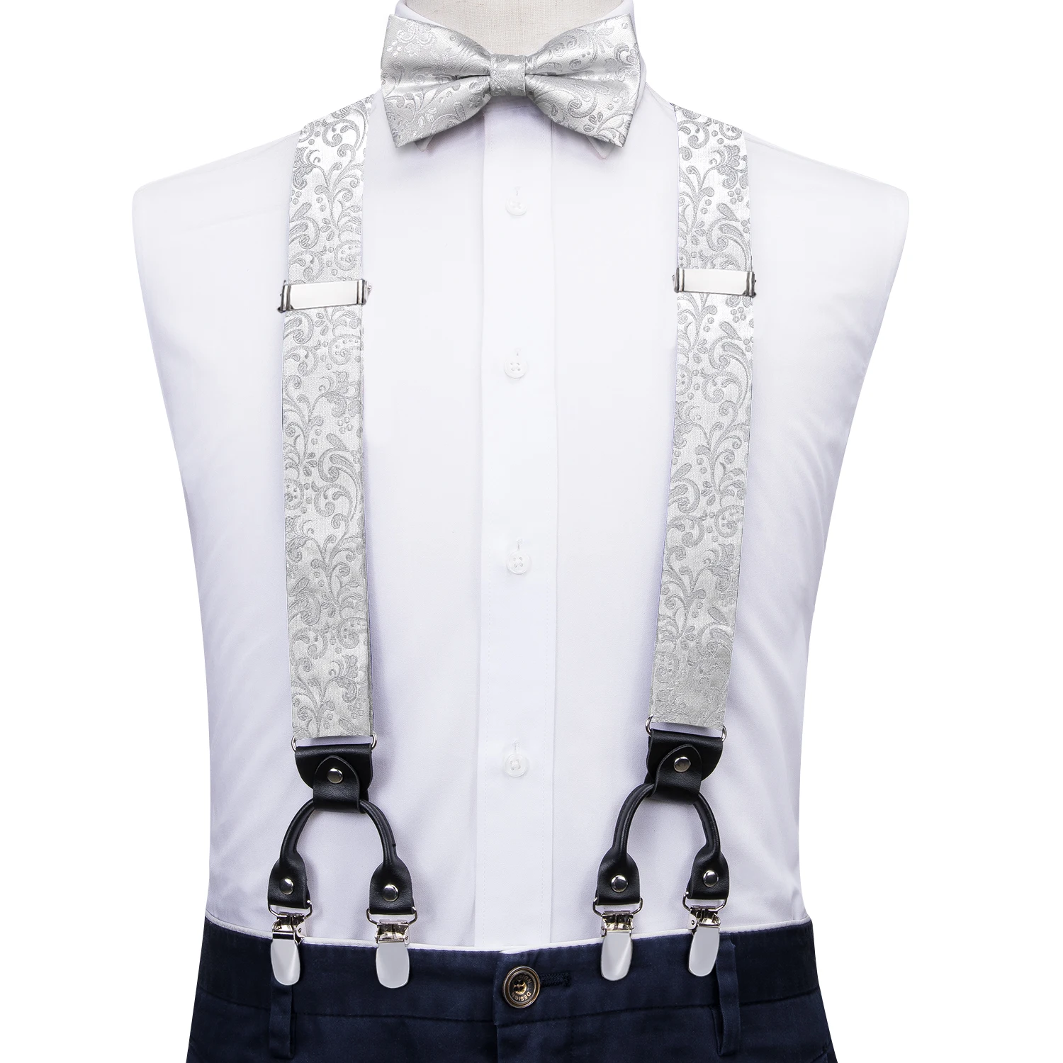 Oi-tie jacquard floral prata de seda dos homens cintas bowtie hanky abotoaduras ajustadas grampo ajustável na gravata borboleta suspender para o homem à moda