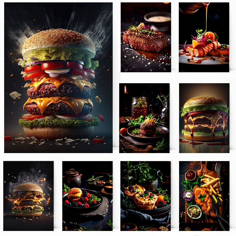 Food Delicious Burger BBQ Salmon Steak French Fries Poster Print Wall Art Pictures Canvas Painting Room kitchen Home Decor Gift