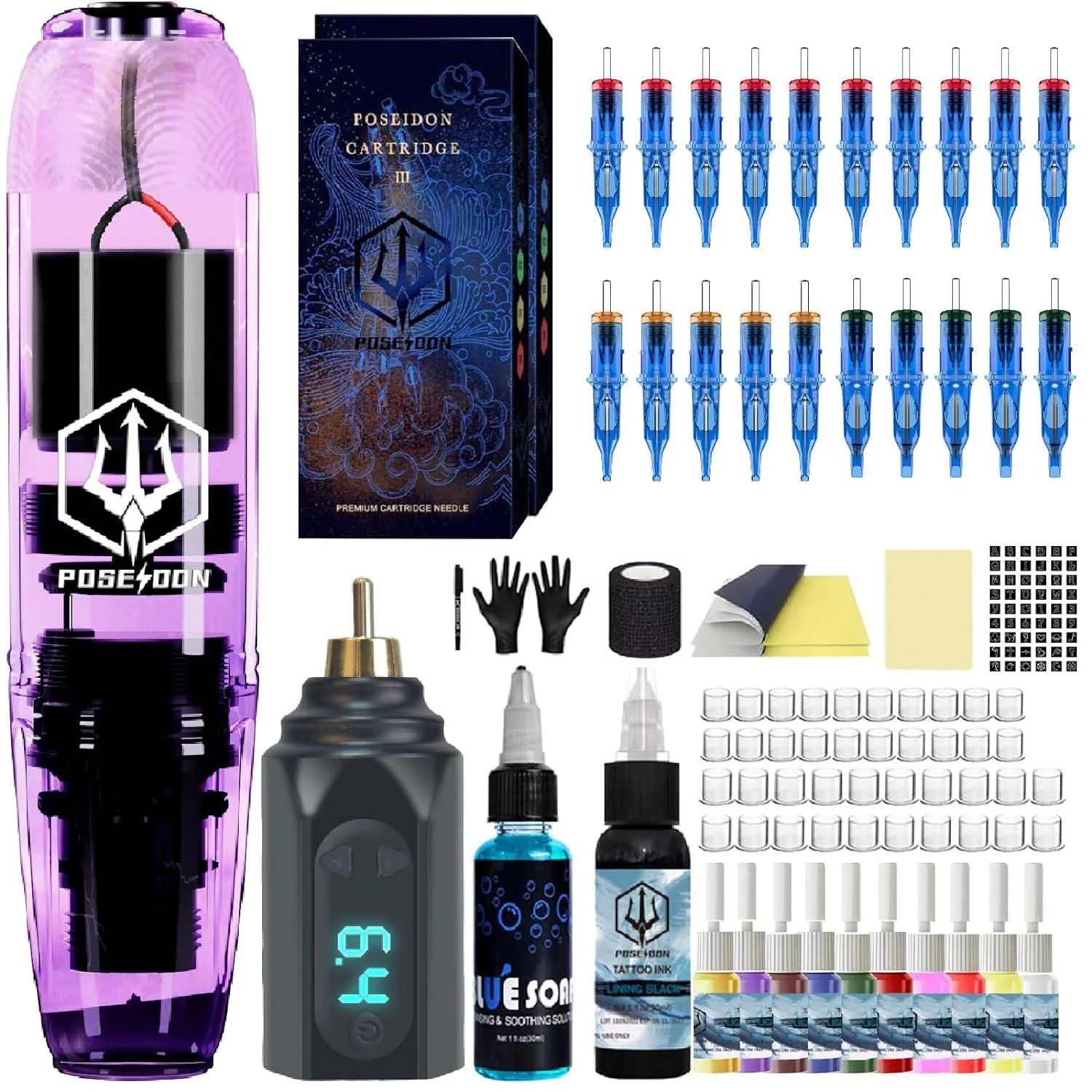 

POSEIDON Tattoo Kit 20PCS Tattoo Needles Tattoo Pen Kit High Power Transparent Purple Tattoo Power Supply Tattoo Machine Kit