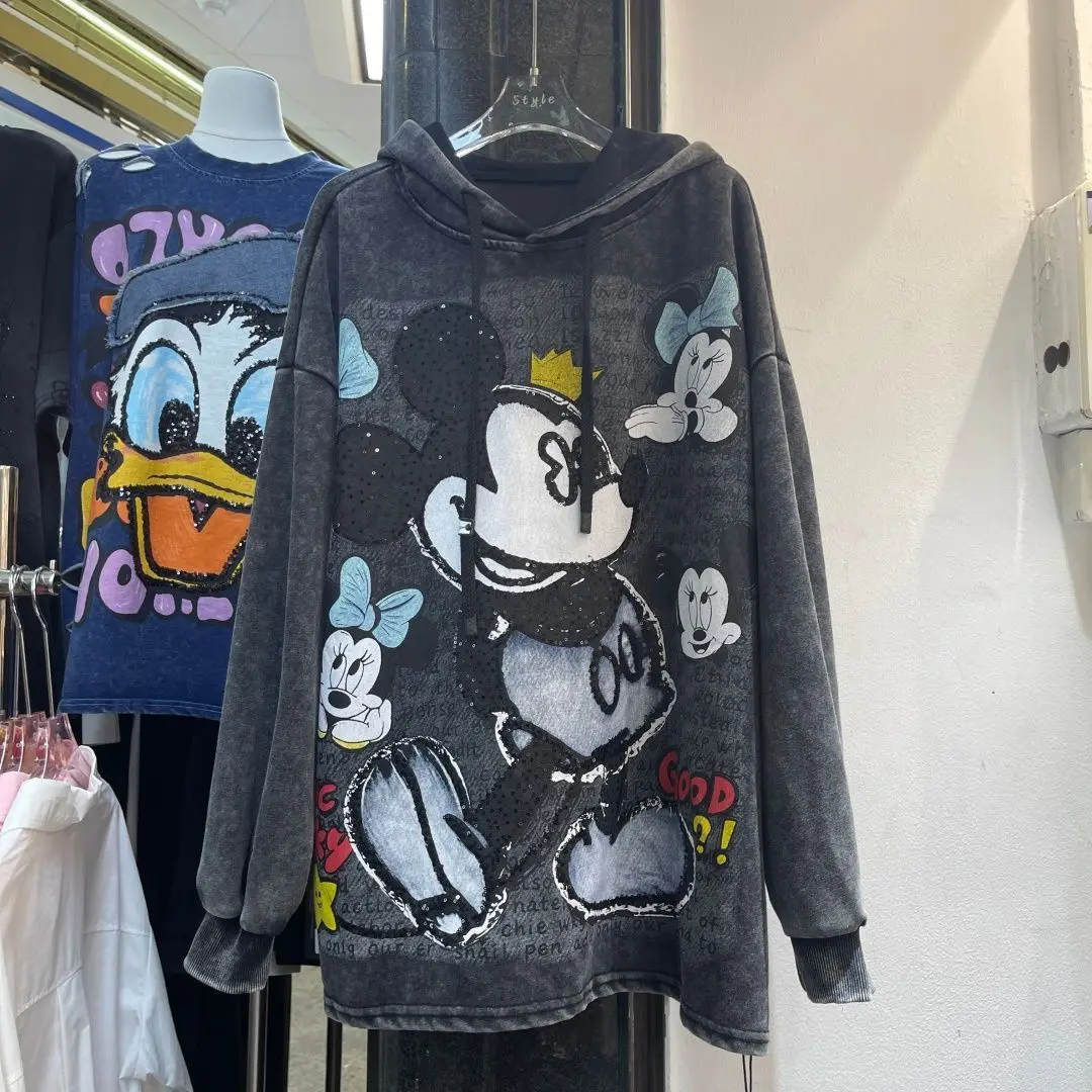 2026 autumn and winter new trendy cartoon sequin embroidered print fashionable loose women's hooded sweatshirt