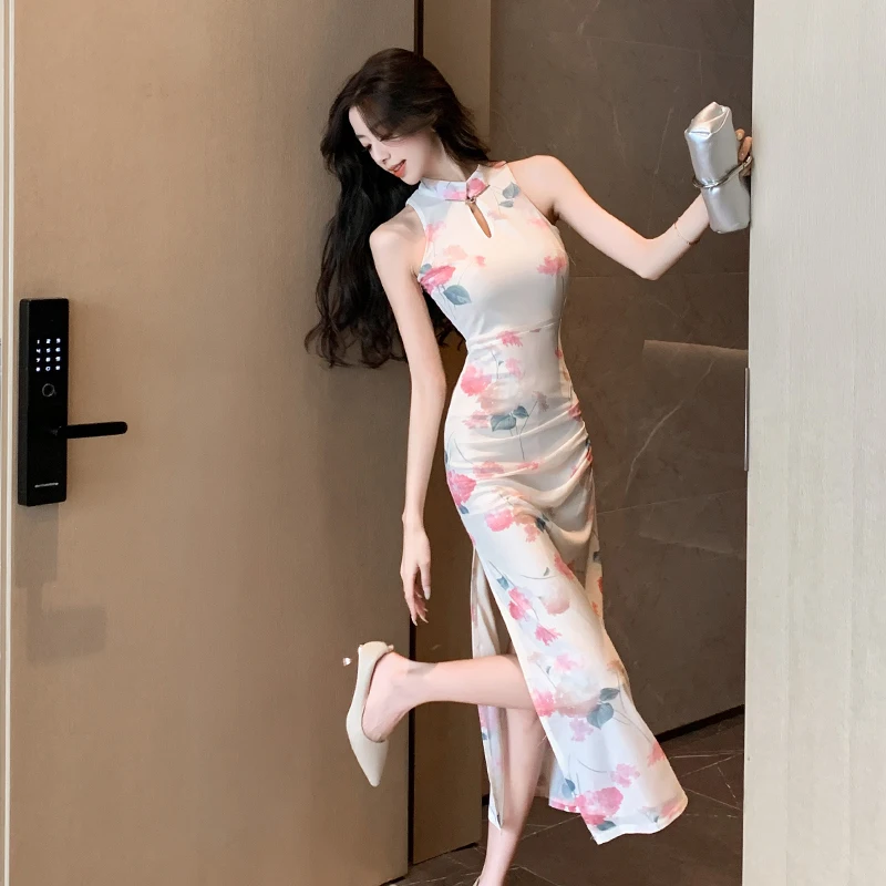 جديد الصينية Sle مثير شق Bodycon ميدي الدكتور المرأة الخريف 2025 تنورة دانتيل الرجعية الأزهار طباعة ثوب للمساحة والزفاف