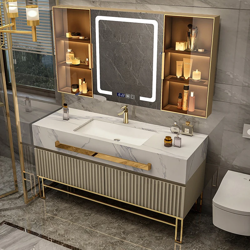 

Modern Simple Oak Bathroom Cabinet Combination Washstand Custom Basin Cabinet Floor Ceramic Rock Slab Seamless Integrated Basin