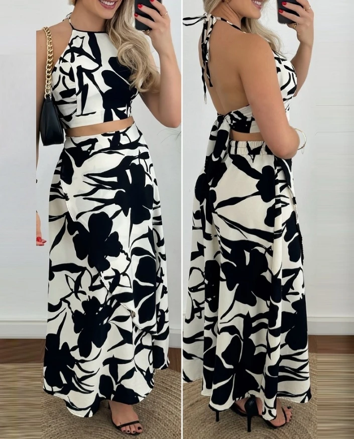 Women's Temperament Suits 2024 Spring/summer Latest Resort Beach Plants Print Backless Halter Sleeveless Top&vacation Skirt Set