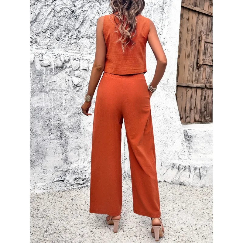 Women's Clothing 2024 Summer New Casual Solid Vest & Straight Leg Pants Set Temperament Commuting Women Fashion Trousers Outfits