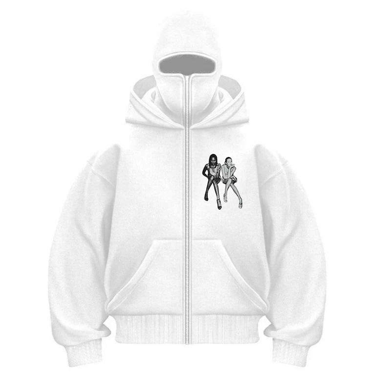 Autumn Winter Men Women White Zipper Hoodie Face Mask Print High Street Casual Unisex Style Loose Sweatshirts Outerwear Top 2025