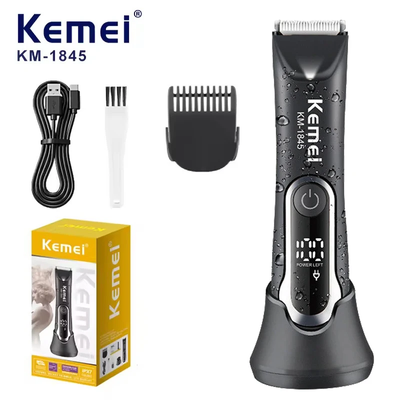 Kemei KM-1845 aparador de pêlos da virilha masculino cortador elétrico à prova dwaterproof água para corpo pubico aliciamento kit navalha lâmina cerâmica