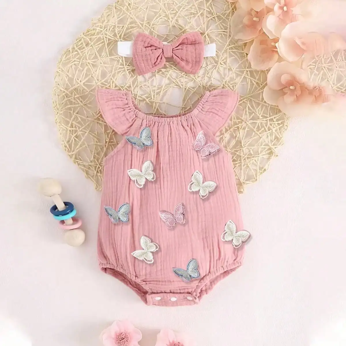 Baby Pink Butterfly Jumpsuit with Cute Bow Decoration & Matching Headband