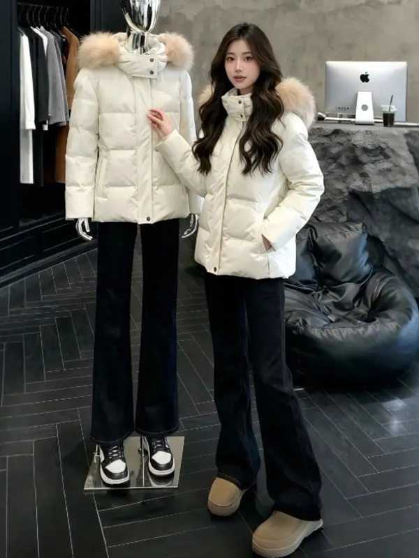 

Корейское утепленное теплое пальто с капюшоном и большим меховым воротником, весенняя хлопковая куртка для женщин, модная повседневная модель с длинными рукавами на молнии