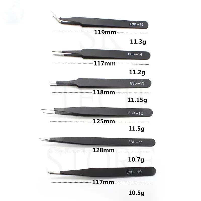 6PCS ESD Stainless Steel Tweezer Set Precision Maintenance Industrial Repair Curved Tool Home Working Model Making Hand Tool Set