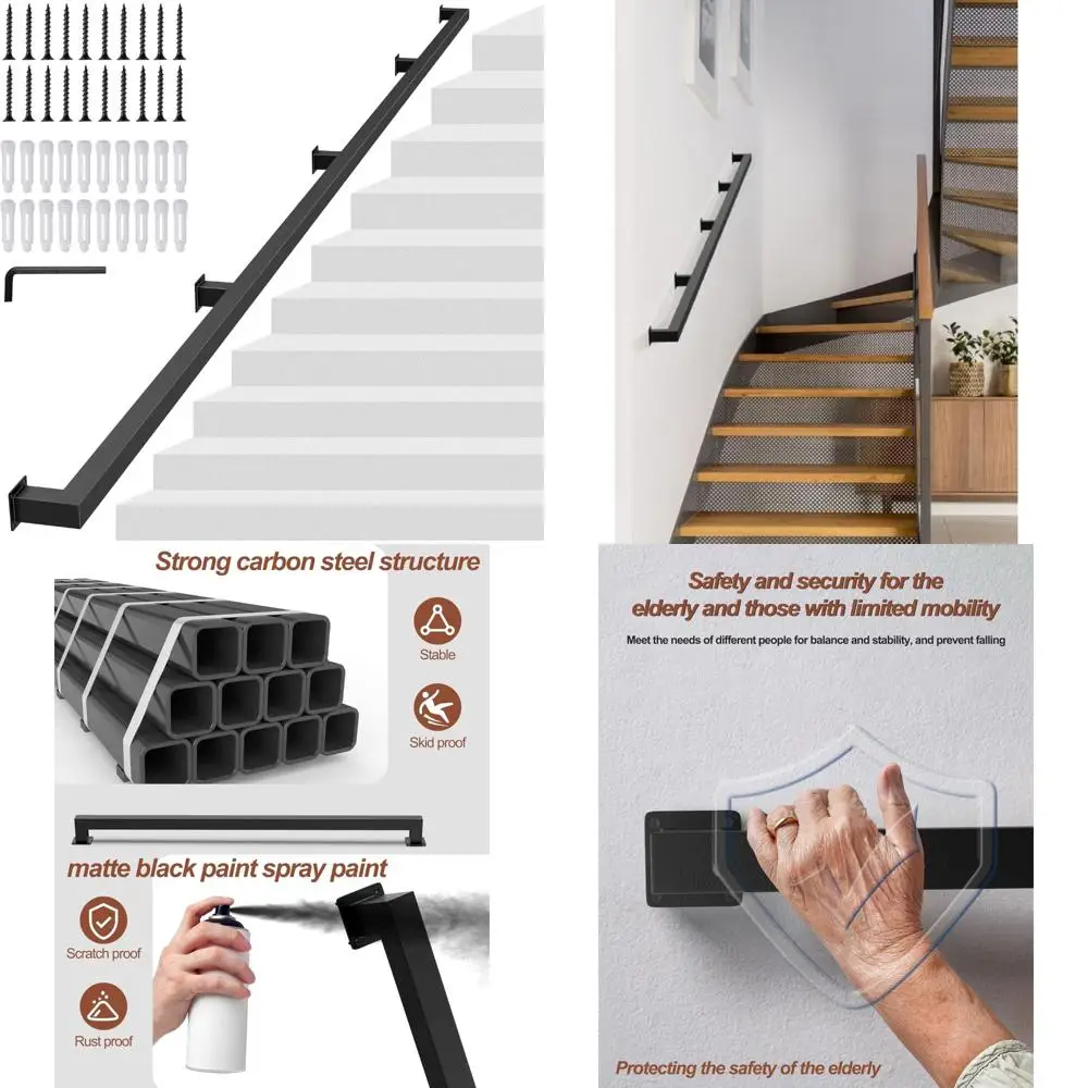 درابزين أنبوبي مربع أسود من الدرجة الصناعية - سعة تحميل 440 رطل، حاجز درج قوي مثبت على الحائط، درابزين حديد صناعي لـ Ind #1