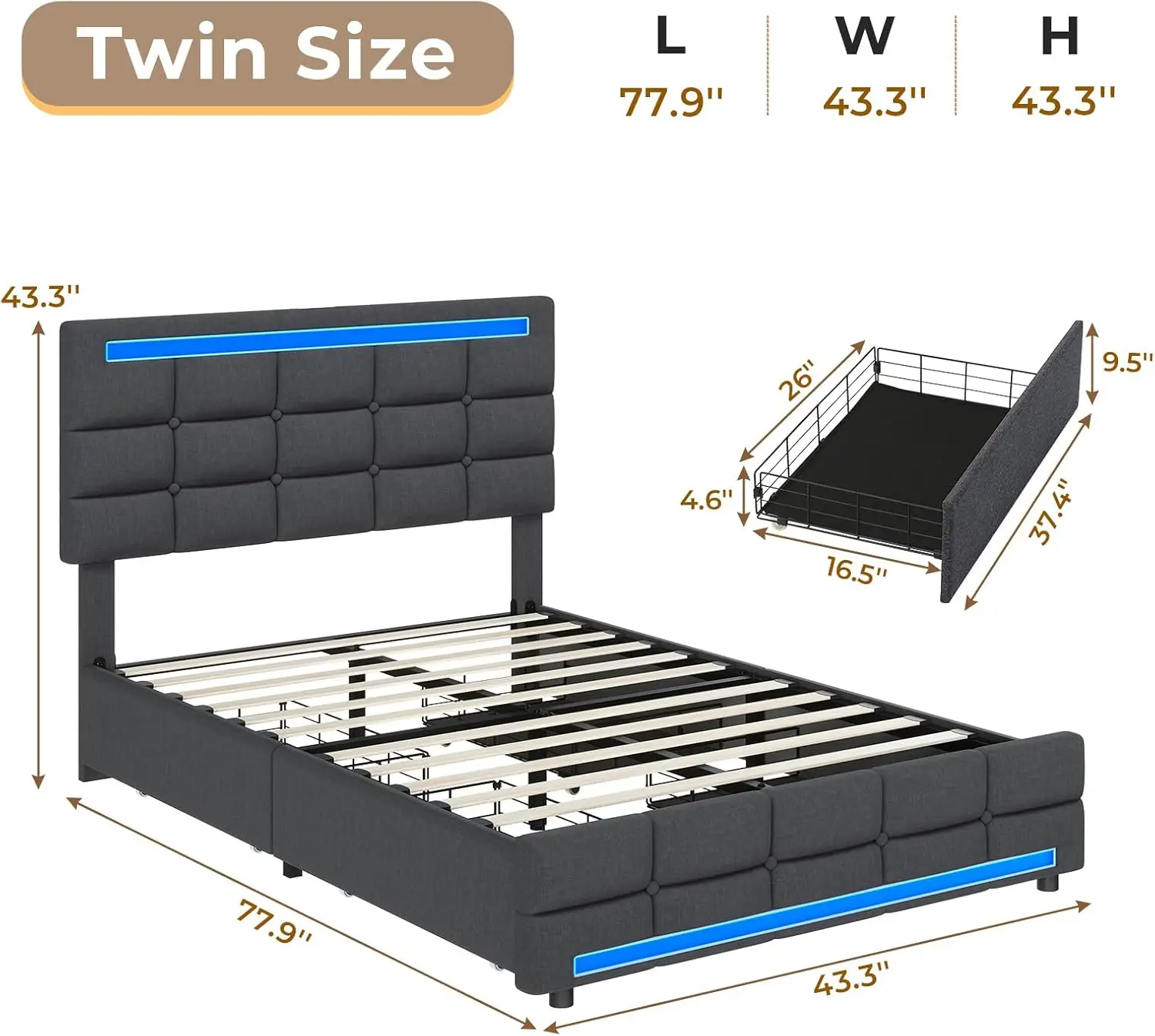 Twin Bed Frames with Storage Drawers and LED Lights Headboard, Upholstered Twin Size Bed with Charging Station, Dark Grey