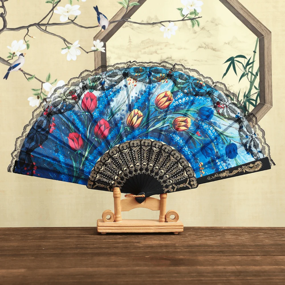 Elegant Plastic Ribs Spanish Folding Fan Black Floral Printed Cloth Dance Prop Fan Lace Trim Edge Handheld Fan Gift