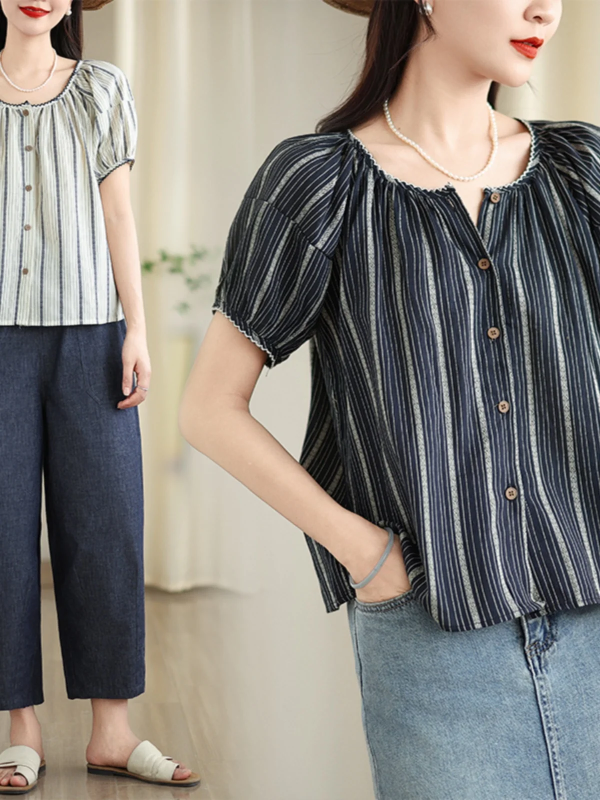 

Retro Loose Women's Top Bubble Sve Doll irt Vertical Stripes Slimming Effect Sweet Sle Commute Faion Summer irt