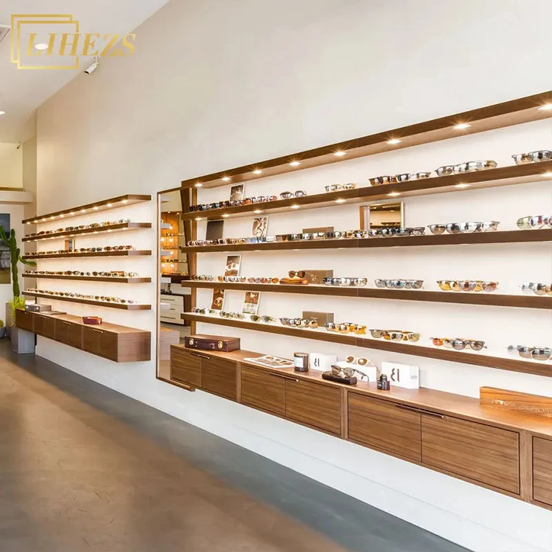 custom.Modern MDF Wood Veneer Optical Store Design Lighted Sunglasses Wall Rack Eyewear Display Fixture Eyeglasses Display Shelf