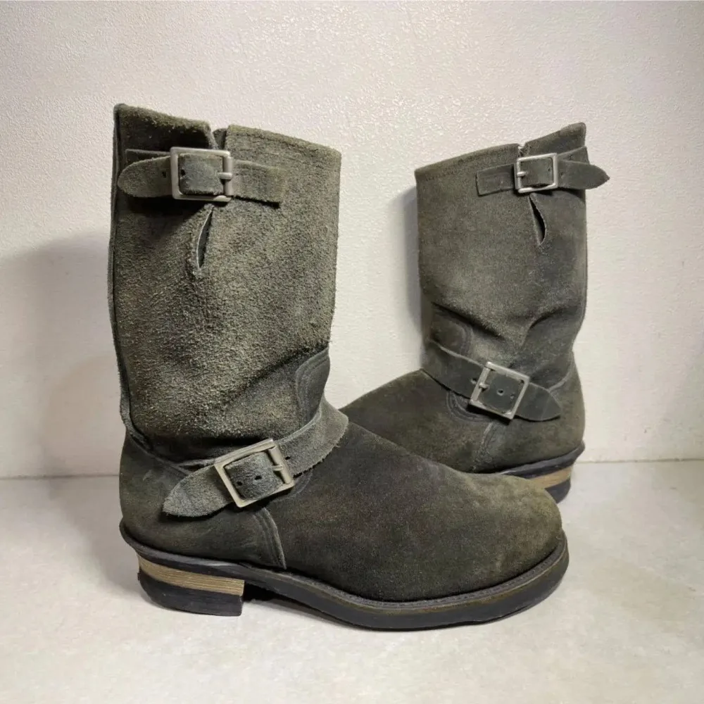 

Handmade Retro Grey Green, Khaki Suede Motorcycle Boots, Motorcycle Mid Boots, Thick Heel American Knight Boots