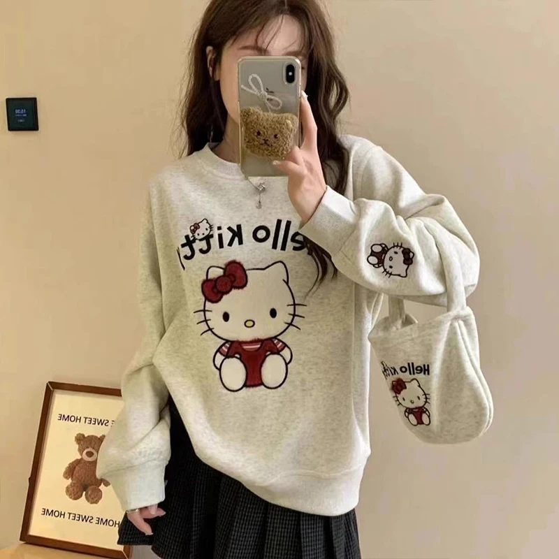 Sanrio Hello Kitty Trendy Ins Fashion Felpa con cappuccio a maniche lunghe stampata Allentata calda non pilling Top autunno e inverno da donna