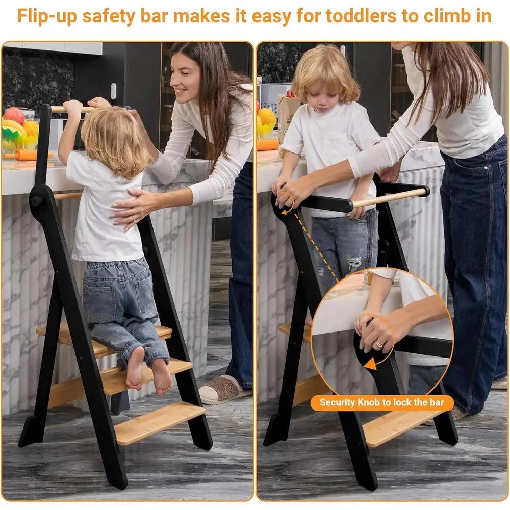 Escabeau pliant à hauteur réglable pour les tout-petits – Aide de cuisine avec filet de sécurité, âgés de 18 mois à 6 ans, naturel et charbon