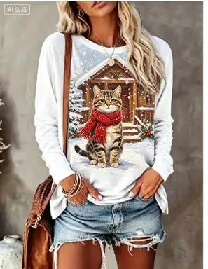 Women Long Sleeve T‑Shirt Christmas Rabbit With Scarf Winter Snow Scene Print Crew Neck Loose Casual Holiday Tops image 4