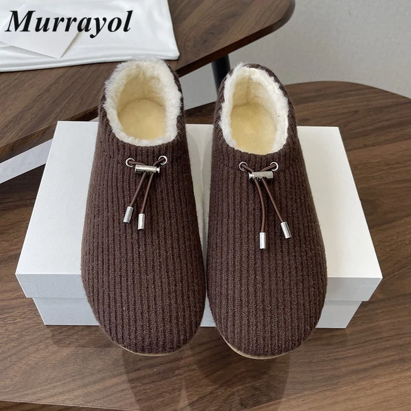 Snow Boots Women's Knit Drawstring Design Solid Color Ankle Botas Autumn Winter Plush Lining Keep Warm Flat Bottom Short Boots