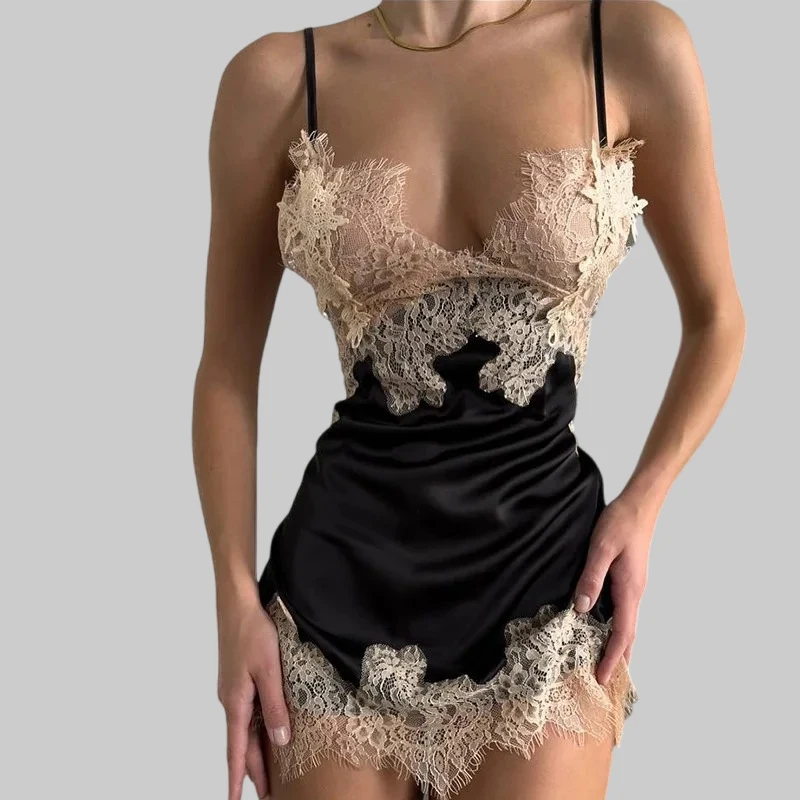 

Toucheart Hot Sleeping Skirt Sling DeepV Lace Contrast Color Slim Plunge Embroidery Floral Interesting Romantic Delicate Pajamas