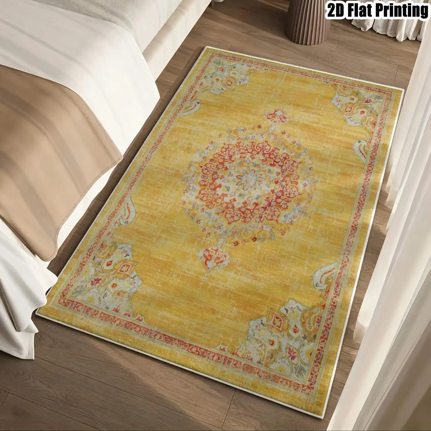 1Pc 2D Printed Yellow Retro Floral Velvet Carpet, European Style, Machine Washable, Multi-Size for Home Decor, Multi-Scene Use