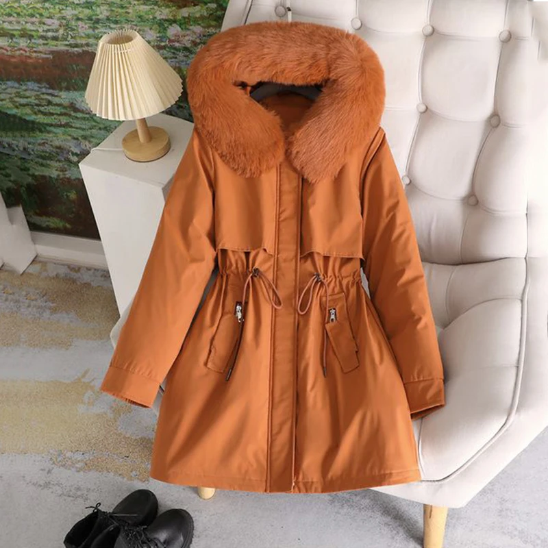 2024 Winter Autumn New Women Parka Clothes Long Coat Wool Liner Hooded Jacket Fur Collar Thick Warm Snow Wear Padded Parka