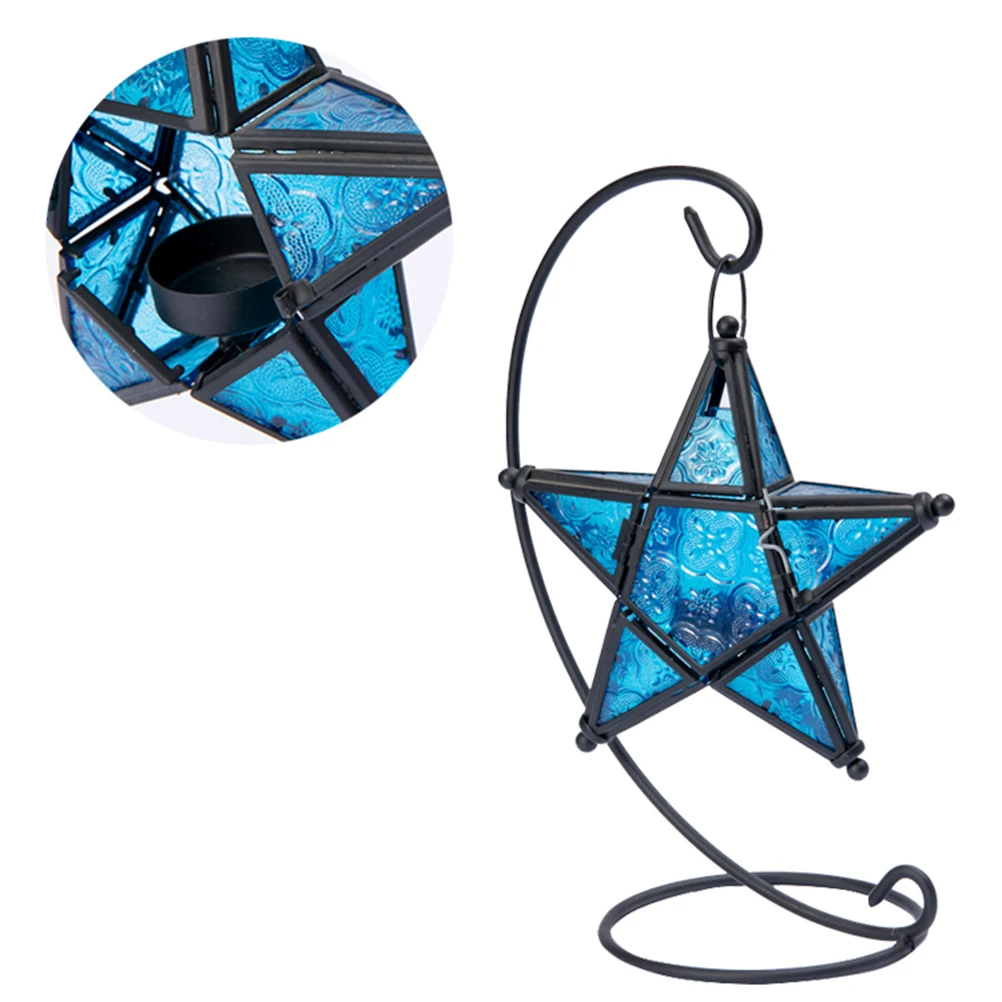 

Decorative Blue Iron Holder Glass Pentagram Essential Oil Burner Candlestick for Hotel Club Wedding Events