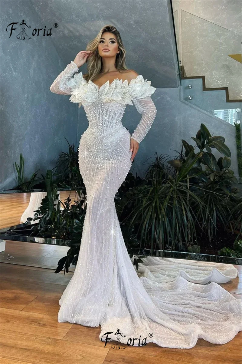 Elegante Dubai Parels Zeemeermin Formele Avondjurken Kralen 3d Appliques Arabische Galajurk Trouwjurk 2023 Robe De Soiree