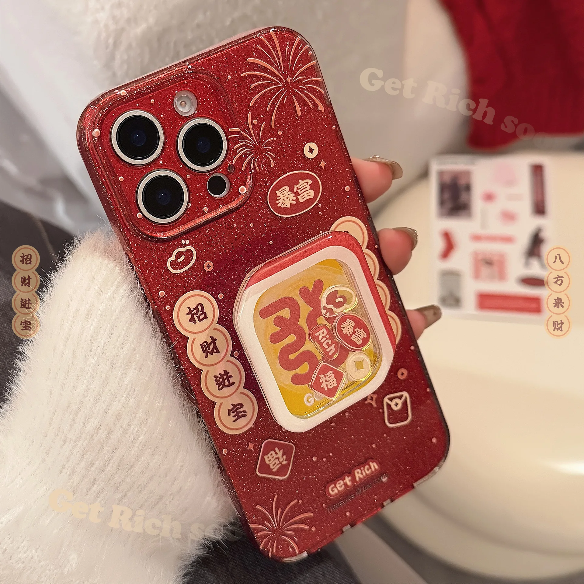 3D mahjong stand holder cover for iphone 15pro 14promax 16pro 13pro 14 16 15 13 pro max couplet new year shiny phone case