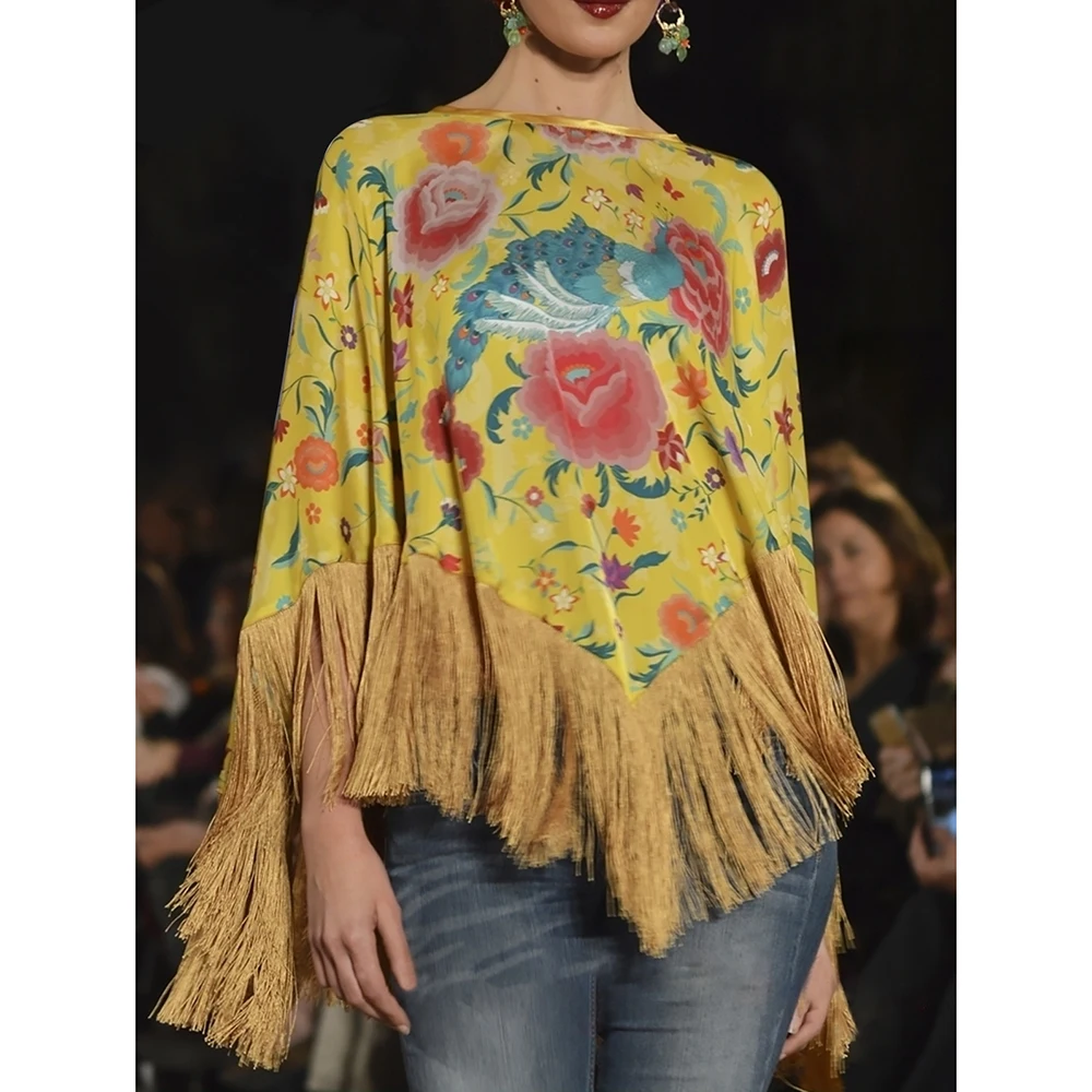 Plus Size Tassel Vintage Shirt Women Floral Printed Round Neck Irregular Long Sleeve Summer Cape Cloak Female Ethnic Tops Blouse