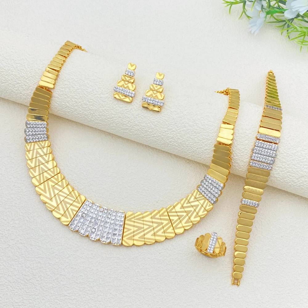 

Falair Qatar Gift Set Gold Plated Copper Women's Jewelry Bracelet Necklace Earrings Ring with Imitation Zircon Cubic Zirconia