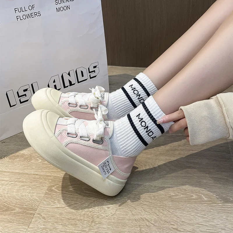 Dames Canvas Schoenen Anti Slip Dikke Zool Ademende Veelzijdige Casual Schoenen Ronde Tenen Effen Kleur Lichtgewicht 2024