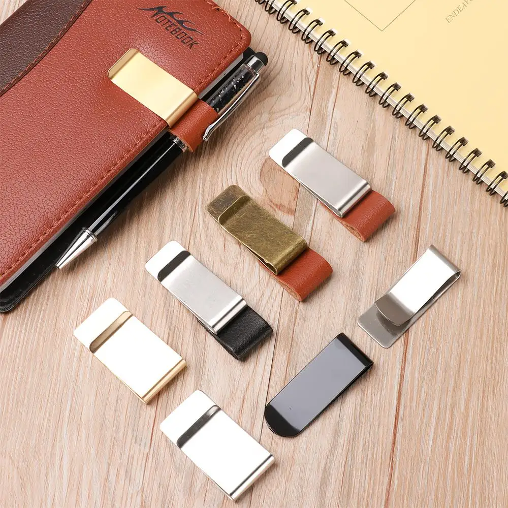 Office Supplies Portable Convenient Brass Pen Folder Handmade Leather Notebook Holder Stainless Steel Clips