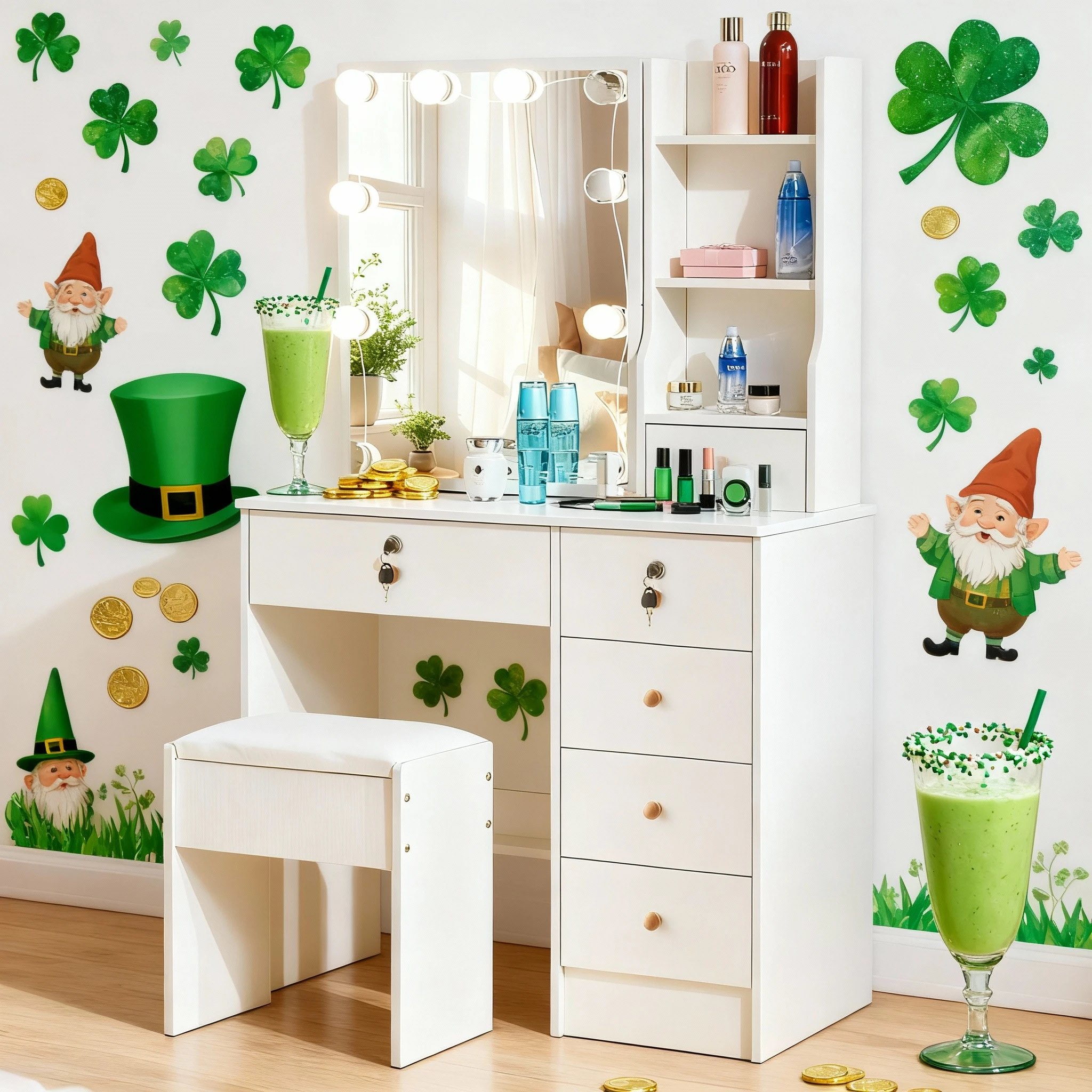 Dressing Table 6 Drawers LED Mirror Stool Set Vanity Table Bedroom Makeup Desk